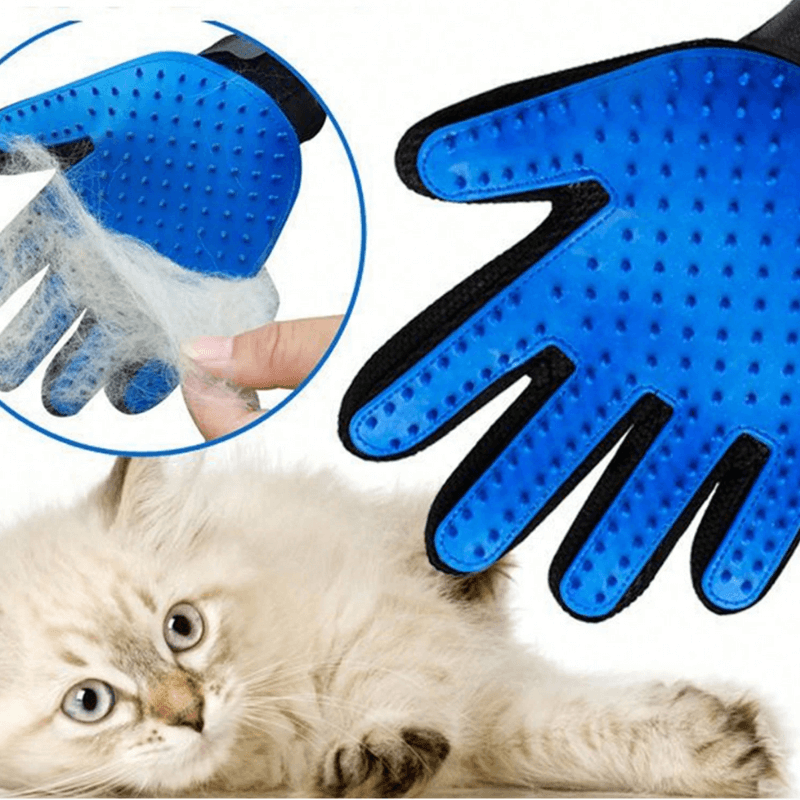 Blue pet grooming glove with black accents on a white background, showing close-up of textured surface and a cat being groomed.